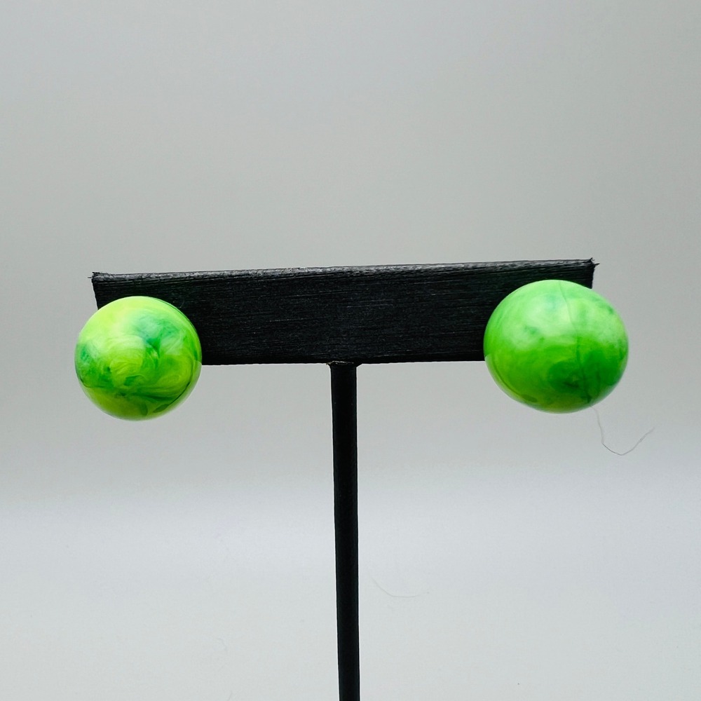 Vintage Green Swirl Button‎ Stud Earrings Gold Tone Post Retro Mod Jewelry